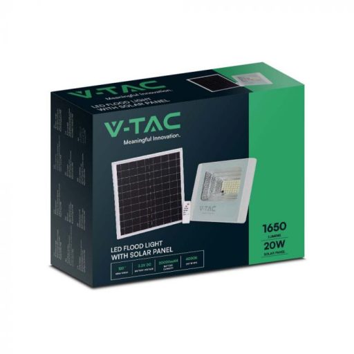 V-TAC 20W LED napelemes (SOLAR) reflektor távirányítóval 120° 4000K Fehér házas  - 10408