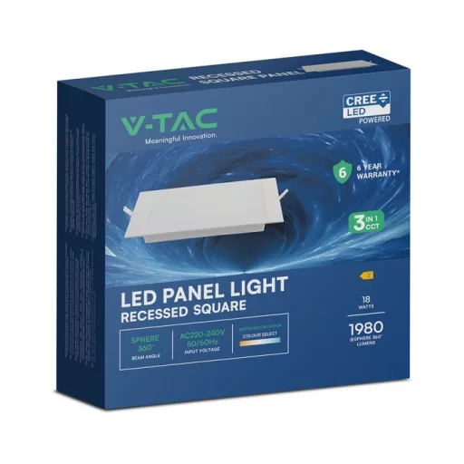 V-TAC Süllyeszthető négyzet alakú MINI LED panel 18W CCT 3in1 (Cree Chip) - 104866
