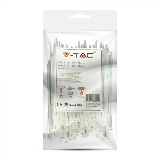 V-TAC Kábelkötegelő csomag (100db) 2,5x100 mm - fehér - 11159