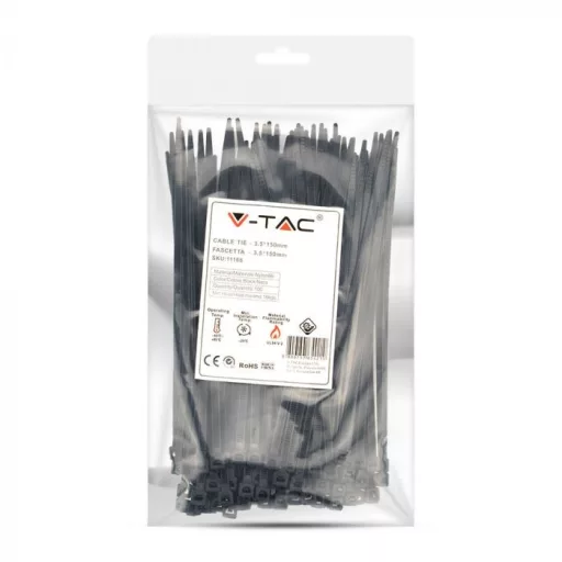 V-TAC Kábelkötegelő csomag (100db) UV álló 3,5x150 mm - fekete - 11166
