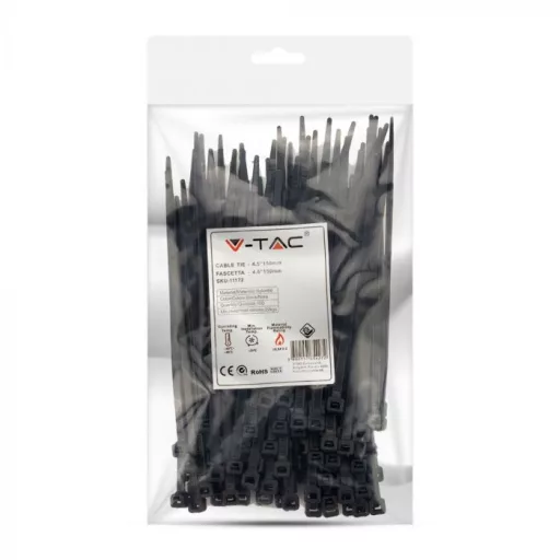 V-TAC Kábelkötegelő csomag (100db) UV álló 4,5x150 mm - fekete - 11172