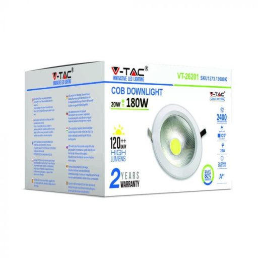 V-TAC Led beépíthető COB 20W  120lm/W 6400K - 1275