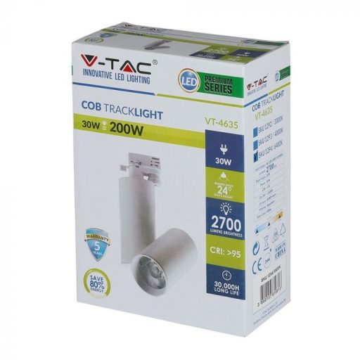 V-TAC 30W LED SÍNES LÁMPA fehér test 6400K - 1294