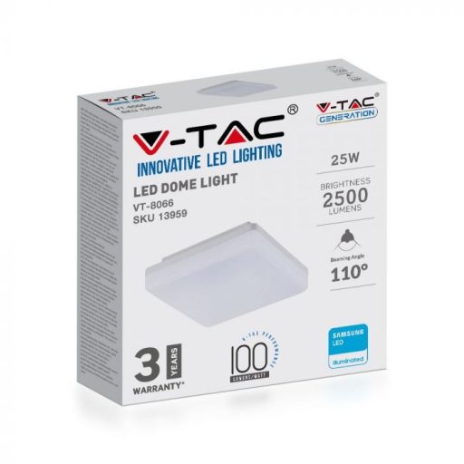 V-TAC LED mennyezeti négyzet lámpatest SAMSUNG CHIP 25W 100lm/W 3000K IP44 - 13959