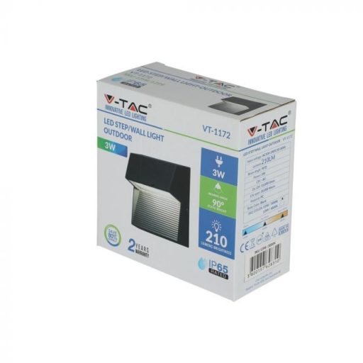 V-TAC Led lépcsőlámpa négyzet forma 3W fekete 3000K - 1398