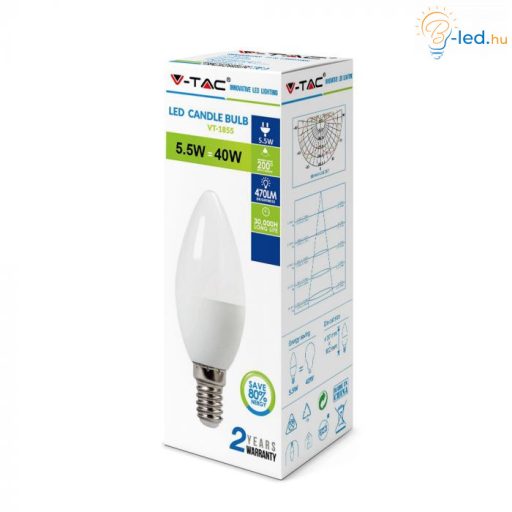 V-TAC LED izzó  E14 C37 5.5W 200° 6400K GYERTYA (SAMSUNG CHIP) - 173