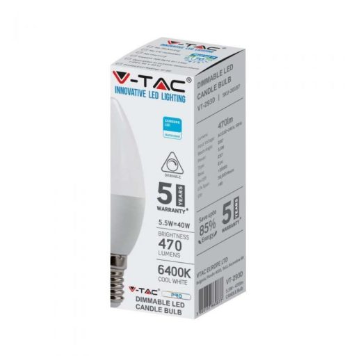 V-TAC LED izzó dimmelhető  E14 C37 5.5W 200° 6400K gyertya (Samsung Chip) - 20187