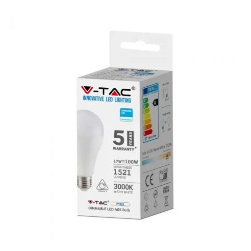 V-TAC LED izzó dimmelhető  E27 A65 17W 200° 6400K gömb (Samsung Chip) - 20190