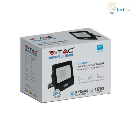 V-TAC 20W MOZGÁSÉRZÉKELŐS LED REFLEKTOR 100° 3000K FEKETE HÁZAS (SAMSUNG CHIP) - 20259