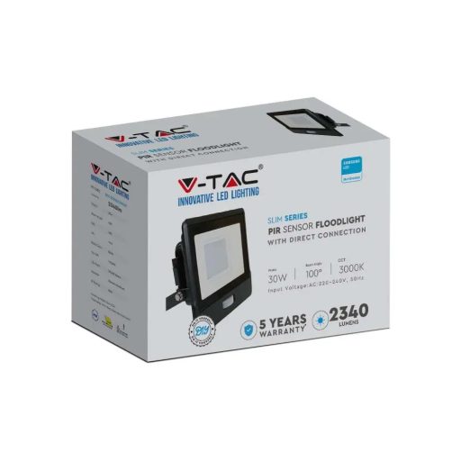 V-TAC 30W MOZGÁSÉRZÉKELŐS LED REFLEKTOR 100° 3000K FEKETE HÁZAS (SAMSUNG CHIP) - 20262