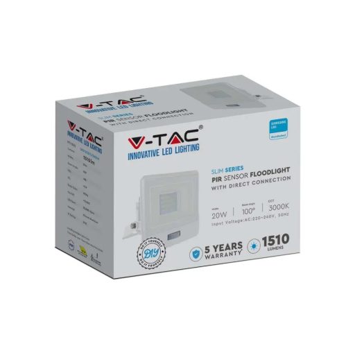 V-TAC 20W MOZGÁSÉRZÉKELŐS LED REFLEKTOR 100° 6500K FEHÉR HÁZAS (SAMSUNG CHIP) - 20273