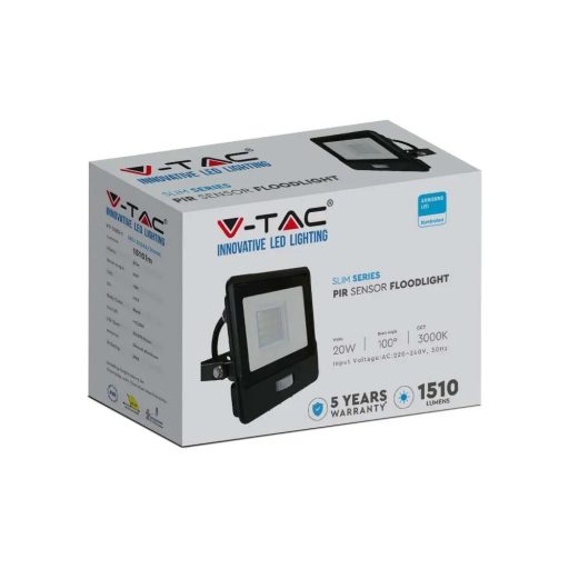 V-TAC 20W MOZGÁSÉRZÉKELŐS LED REFLEKTOR 100° 4000K FEKETE HÁZAS (SAMSUNG CHIP) - 20284