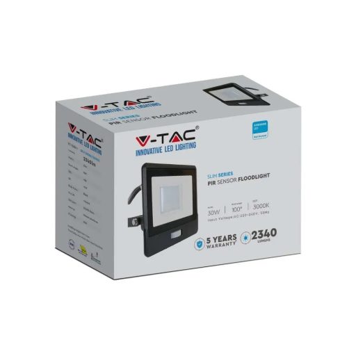 V-TAC 30W MOZGÁSÉRZÉKELŐS LED REFLEKTOR 100° 6500K FEKETE HÁZAS (SAMSUNG CHIP) - 20288