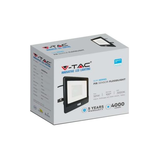 V-TAC 50W MOZGÁSÉRZÉKELŐS LED REFLEKTOR 100° 4000K FEKETE HÁZAS (SAMSUNG CHIP) - 20290