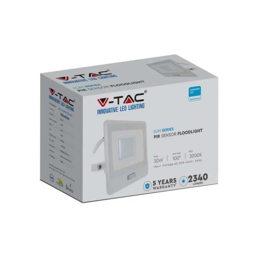 V-TAC 30W MOZGÁSÉRZÉKELŐS LED REFLEKTOR 100° 4000K FEHÉR HÁZAS (SAMSUNG CHIP) - 20299