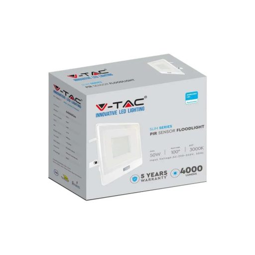 V-TAC 50W MOZGÁSÉRZÉKELŐS LED REFLEKTOR 100° 6500K FEHÉR HÁZAS (SAMSUNG CHIP) - 20303
