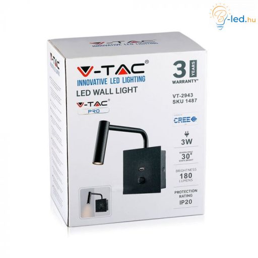 V-TAC 3W LED Fali olvasó lámpa USB porttal fekete 3000K - 211487