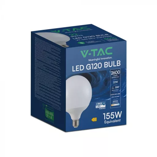 V-TAC LED izzó E27 G120 22W 200° 6500K nagygömb (CREE Chip) - 21200236