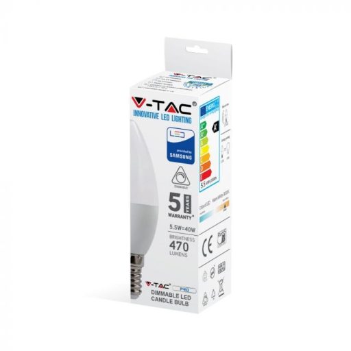V-TAC LED izzó dimmelhető  E14 C37 5.5W 200° 3000K gyertya (Samsung Chip) - 2120045