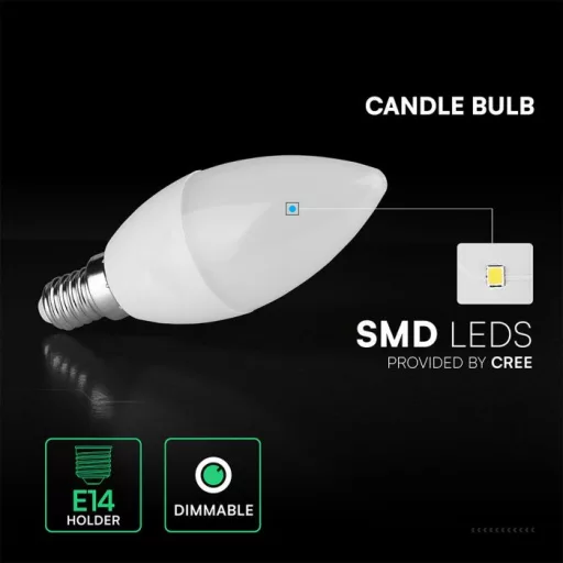 V-TAC LED izzó dimmelhető  E14 C37 5.5W 180° 4000K gyertya (CREE Chip) - 2120186-6
