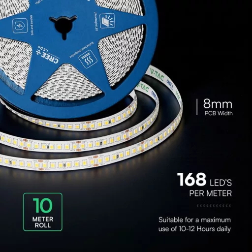 V-TAC LED szalag 8mm széles SMD2835 168LED/M 12W/M 24V IP20 6500K (CREE Chip) - 2125986