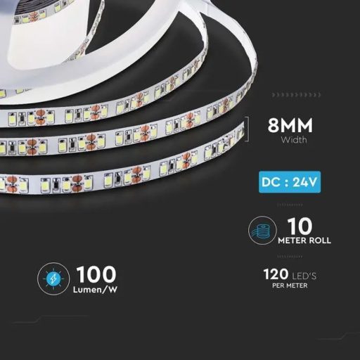 V-TAC LED szalag SMD2835 120LED/M 7.5W/M 24V IP20 3000K - 212622