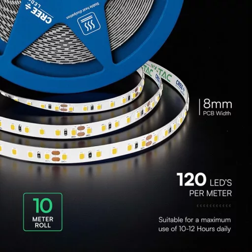 V-TAC LED szalag 8mm széles SMD2835 120LED/M 10W/M 24V IP20 4000K (CREE Chip) - 2126236