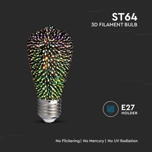 V-TAC 3D hatású LED izzó filament COG  E27 ST64 3W 3000K - 212705