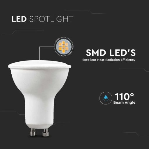 V-TAC LED spotlámpa  csomag (6 db) GU10 MR16 4.5W 110° 3000K spot - 212739