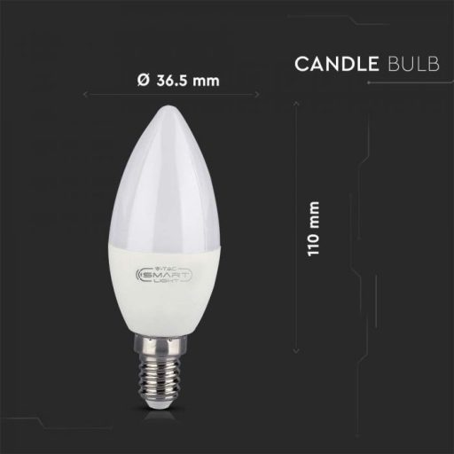 V-TAC Wifis smart LED izzó  E14 C37 4,5W 200° RGB + 3 az 1-ben (CCT) gyertya - 212754
