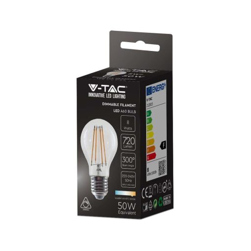 V-TAC Átlátszó LED izzó filament dimmelhető COG  E27 A67 8W 3000K gömb - 212815