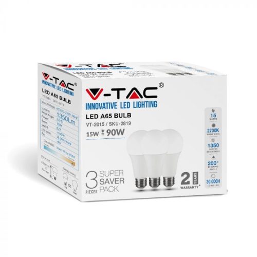 V-TAC LED lámpa csomag (3 db) E27 A65 15W 200° 6400K gömb - 212818