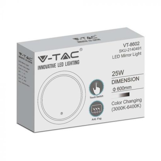 V-TAC LED 25W fürdőszobai tükör állítható színhőmérséklet 600mm IP44 - 2140491