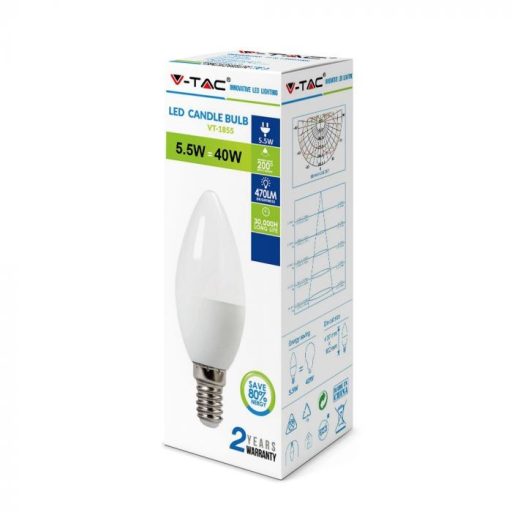 V-TAC LED izzó  E14 C37 4.5W 200° 6400K gyertya - 2142411
