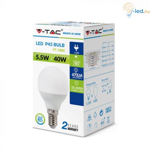 V-TAC LED izzó  E14 P45 4.5W 180° 4000K kisgömb - 2142511