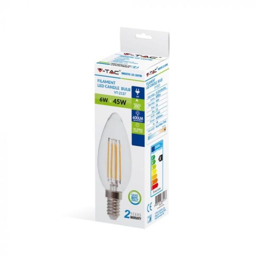 V-TAC Átlátszó LED izzó filament COG  E14 C35 4W 3000K gyertya - 214301
