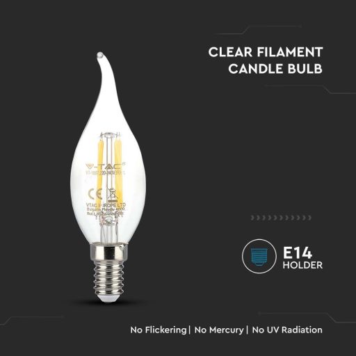 V-TAC Átlátszó LED izzó filament COG  E14 C37 4W 2700K gyertyaláng - 214302