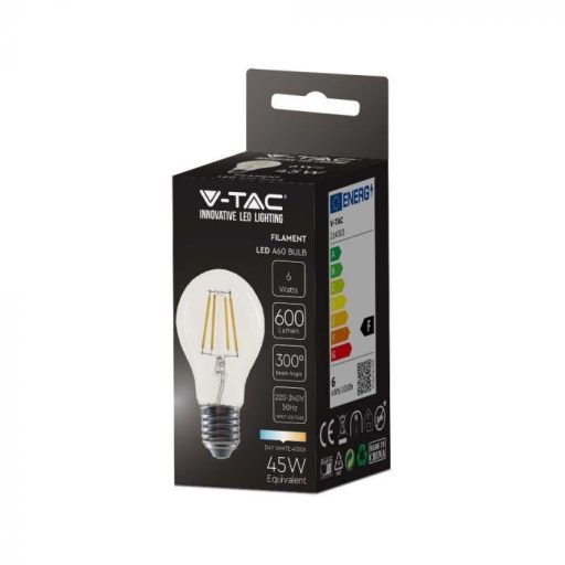 V-TAC Átlátszó LED izzó filament COG  E27 A60 6W 4000K gömb - 214303