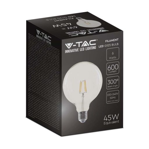 V-TAC Átlátszó LED izzó filament COG  E27 G125 6W 3000K - 214304