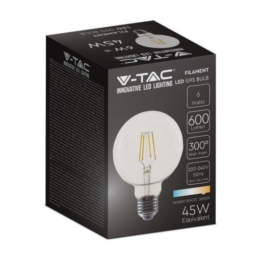 V-TAC Borostyán LED izzó filament COG  E27 G95 6W 3000K - 214305