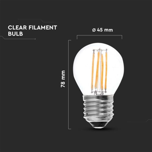 V-TAC Átlátszó LED izzó filament COG  E27 G45 4W 3000K kisgömb - 214306
