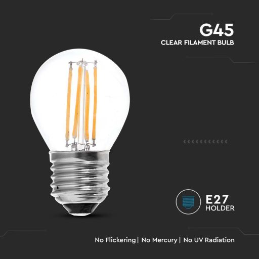 V-TAC Átlátszó LED izzó filament COG  E27 G45 4W 3000K kisgömb - 214306