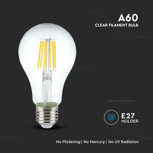 V-TAC Átlátszó LED izzó filament COG  E27 A60 10W 6400K gömb - 214412