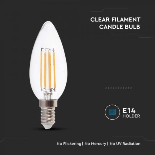 V-TAC Átlátszó LED izzó filament COG  E14 C35 4W 4000K gyertya - 214413