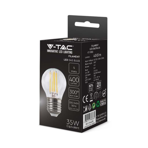 V-TAC Átlátszó LED izzó filament COG  E27 G45 4W 6400K kisgömb - 214428