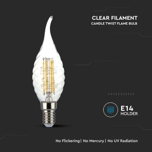 V-TAC Átlátszó LED izzó filament COG  E14 C35 4W 6400K gyertyaláng - 214432