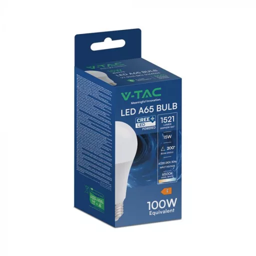 V-TAC LED izzó  E27 A65 15W 200° 6500K gömb (CREE Chip) - 2144556