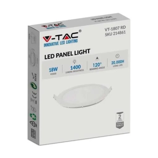 V-TAC Süllyeszthető kör alakú PRÉMIUM MINI LED panel 18W 6400K - 214862