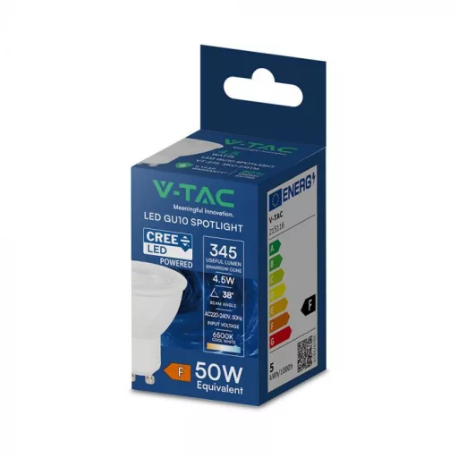 V-TAC LED spotlámpa  GU10 MR16 4.5W 6500K 38° spot (CREE Chip) - 215116