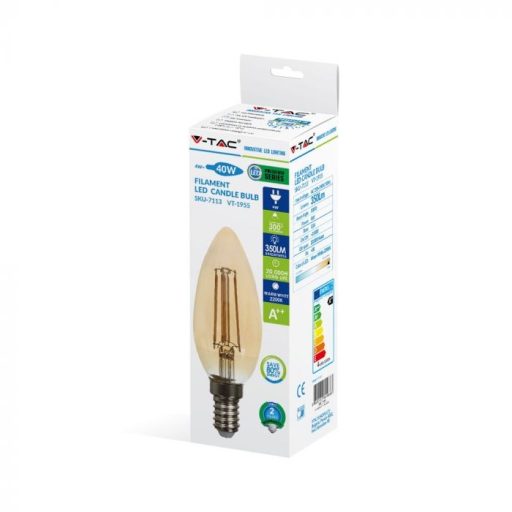 V-TAC Borostyán LED izzó filament COG  E14 C35 4W 2200K gyertya - 217113